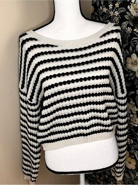 Together Black and White Striped Scoop Neck Sweater